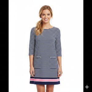 Lilly Pulitzer Navy & White Striped Shift Dress with Pink Hem – Size Small